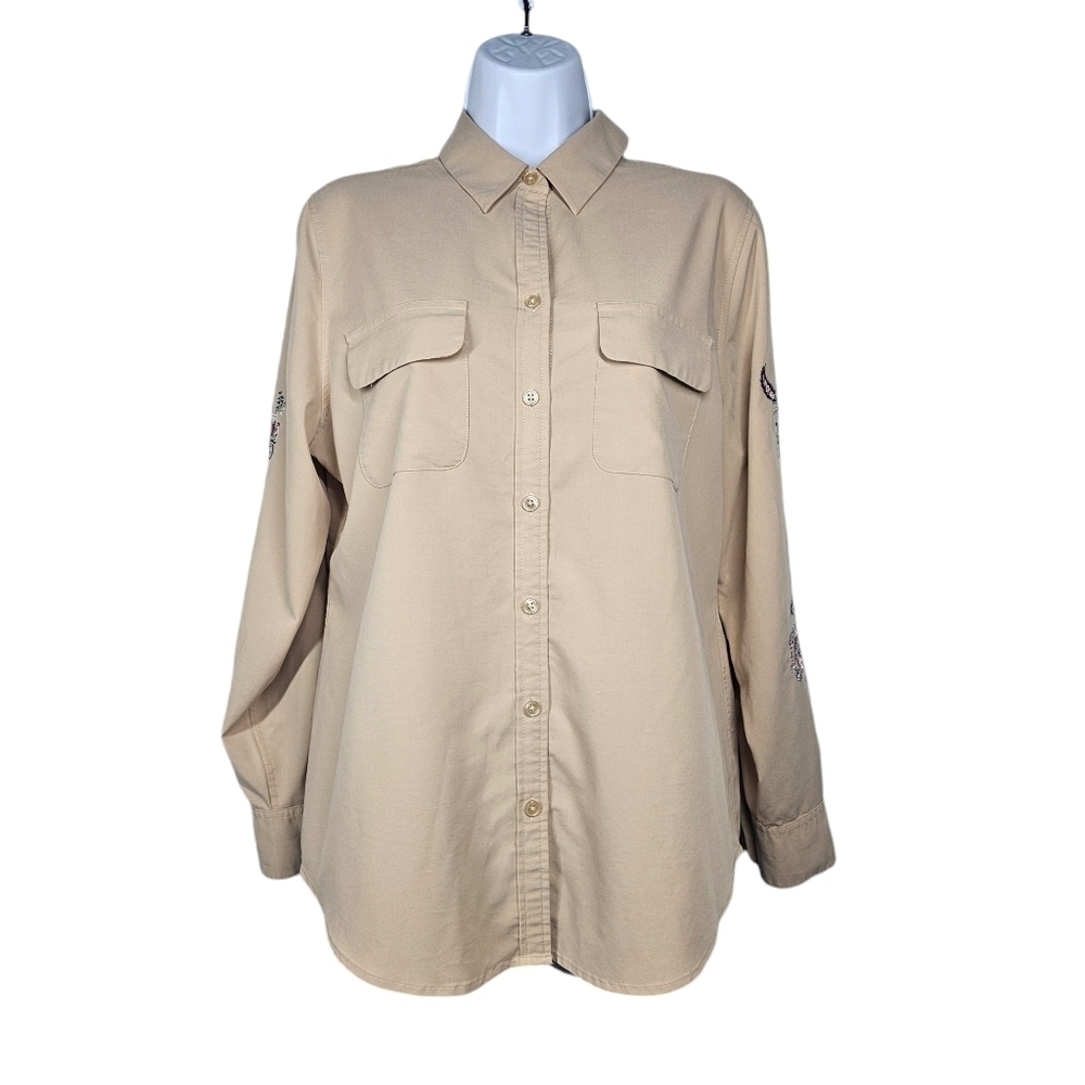 Chicos Button Down With Colorful Embroidery Sleeves